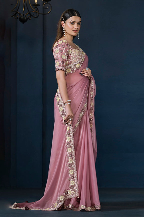 Dusty Pink Crepe satin silk Sequins with Moti work Saree with Unstitched Blouse