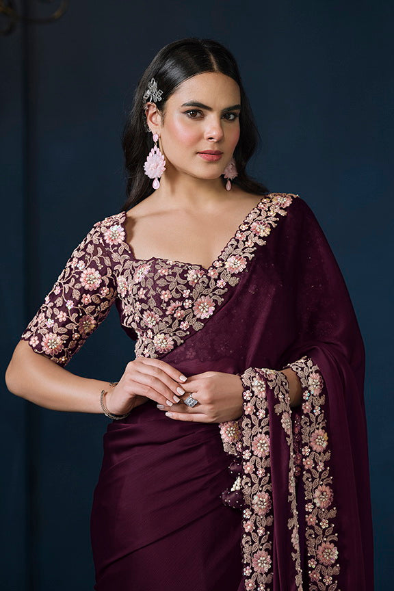 Wine Satin Chiffon Sequins with Moti work Saree with Unstitched Blouse