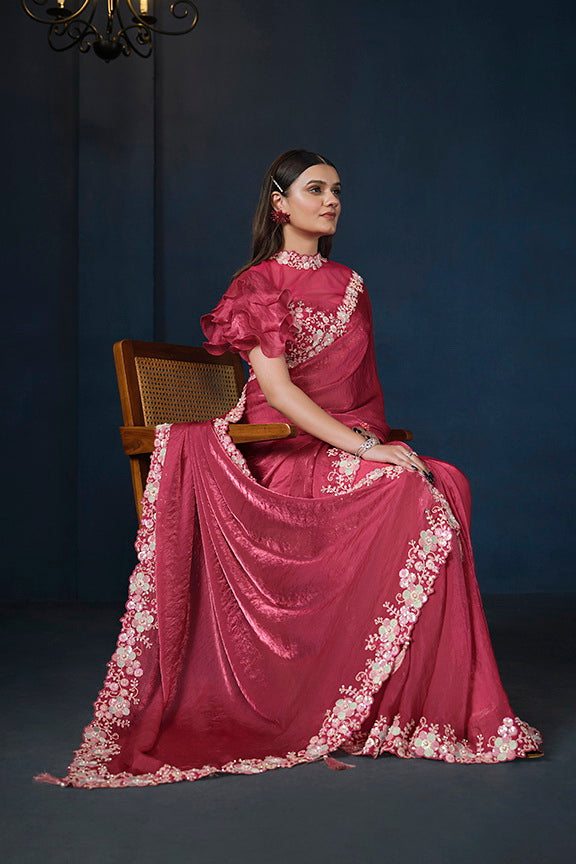 Pink Two Tone Satin Silk Sequins with Pure Handwork Saree with Unstitched Blouse