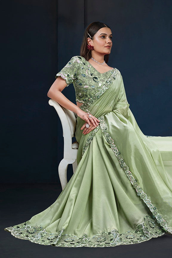 Green Tusser Silk Embroidered with Stone work Saree with Unstitched Blouse