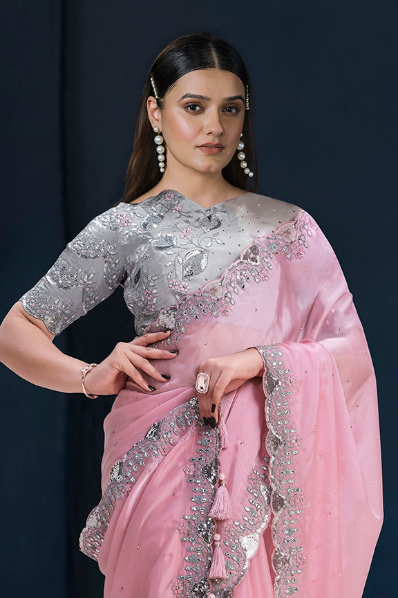 Pink Crepe satin silk Embroidered with Stone work Saree with Unstitched Blouse