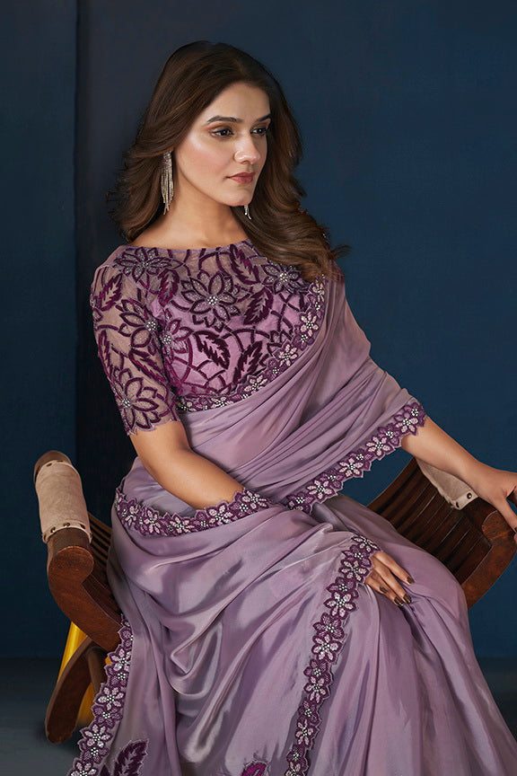 Purple Crepe Satin Silk Embroidered with Stone work Saree with Unstitched Blouse