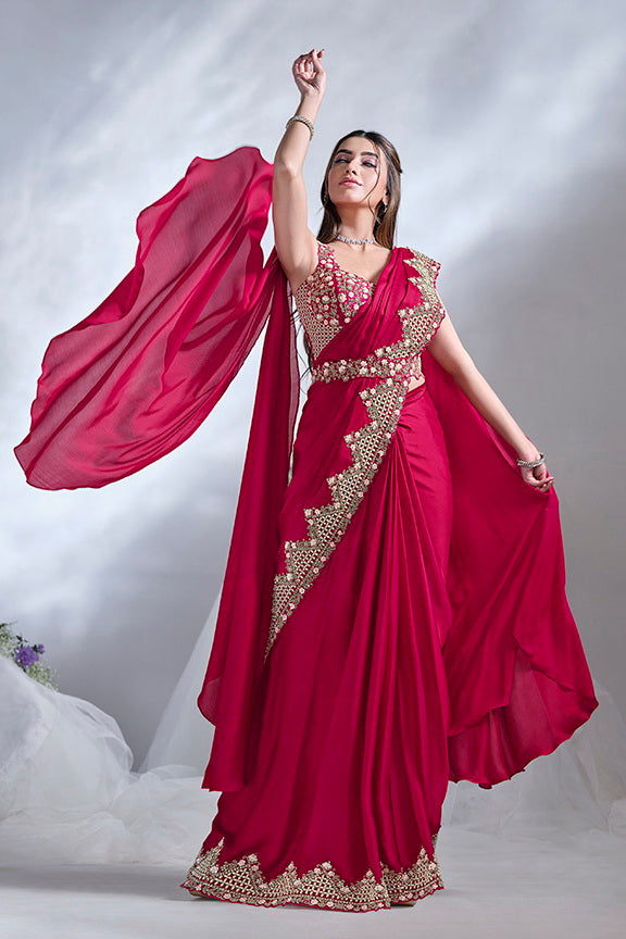 Red Crepe Satin Silk Designer Ready to wear saree with Stitched Blouse