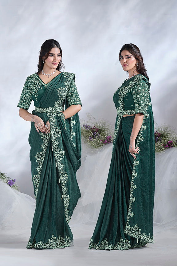 Green Two Tone Satin Silk Designer Ready to wear saree with Stitched Blouse