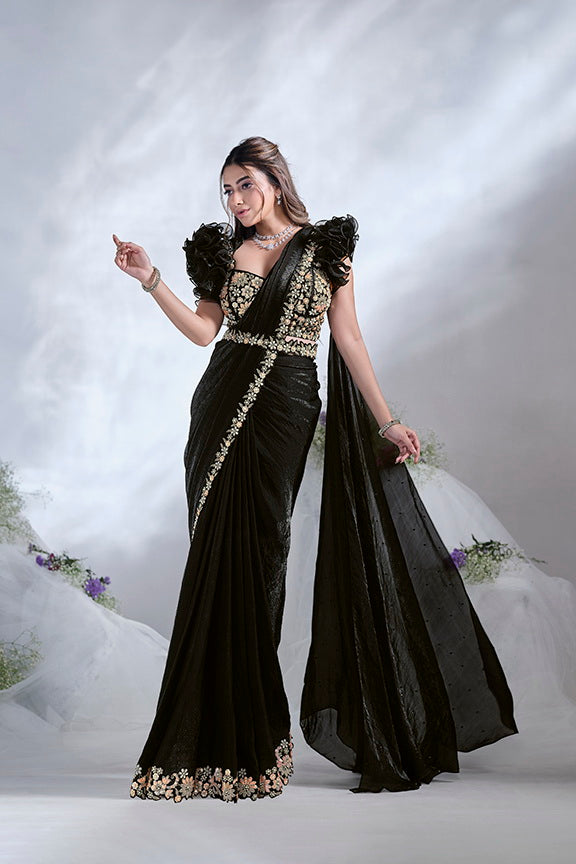 Black Two Tone Satin Silk Designer Ready to wear saree with Stitched Blouse