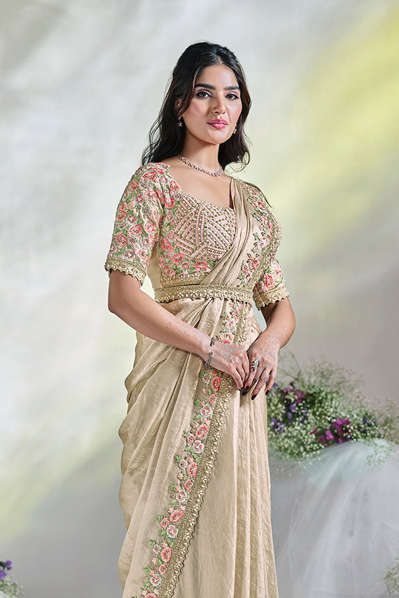 Cream Two Tone Satin Silk Designer Ready to wear saree with Stitched Blouse