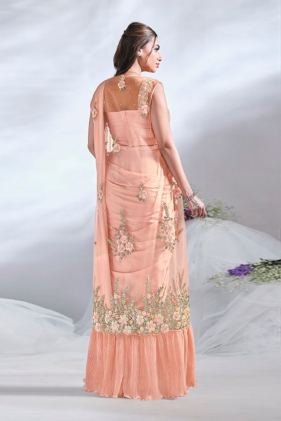 Peach Crepe Satin Silk Designer Ready to wear saree with Stitched Blouse