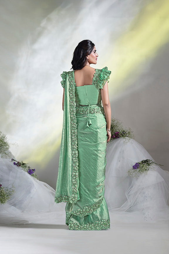 Sea Green Two Tone Satin Silk Designer Ready to wear saree with Stitched Blouse