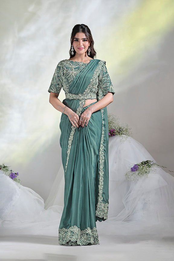 Aqua Blue Crepe Satin Silk Designer Ready to wear saree with Stitched Blouse