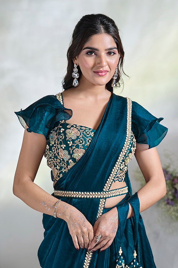 Teal Blue Two Tone Satin Silk Designer Ready to wear saree with Stitched Blouse