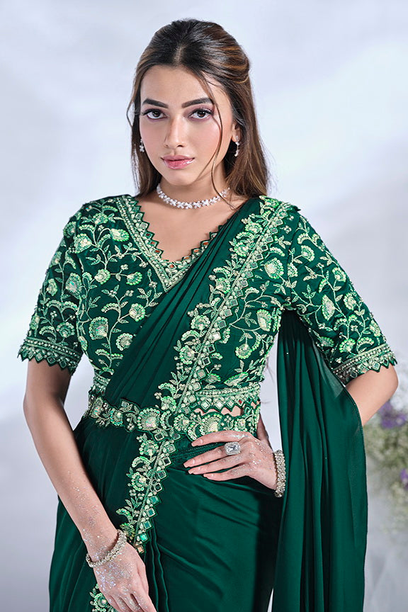 Green Crepe Satin Silk Designer Ready to wear saree with Stitched Blouse