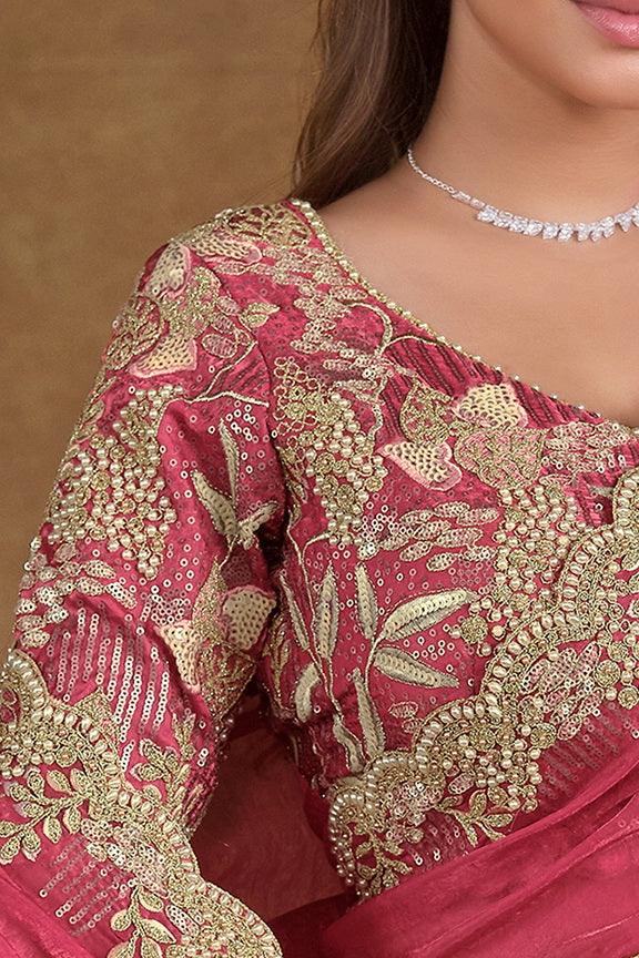 Pink Pure Hand Work Satin Silk Saree