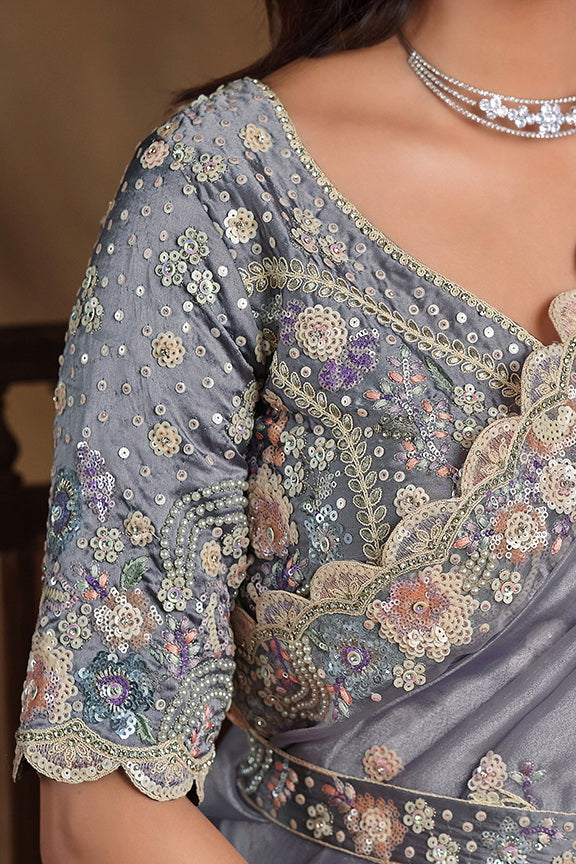 Grey Pure Hand Work Pure Organza Silk Saree