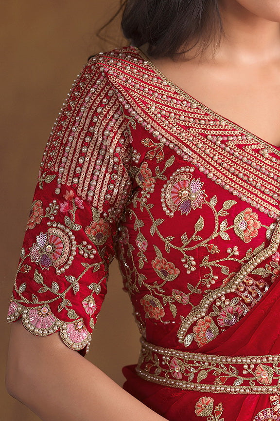 Red Pure Hand Work Satin Silk Saree