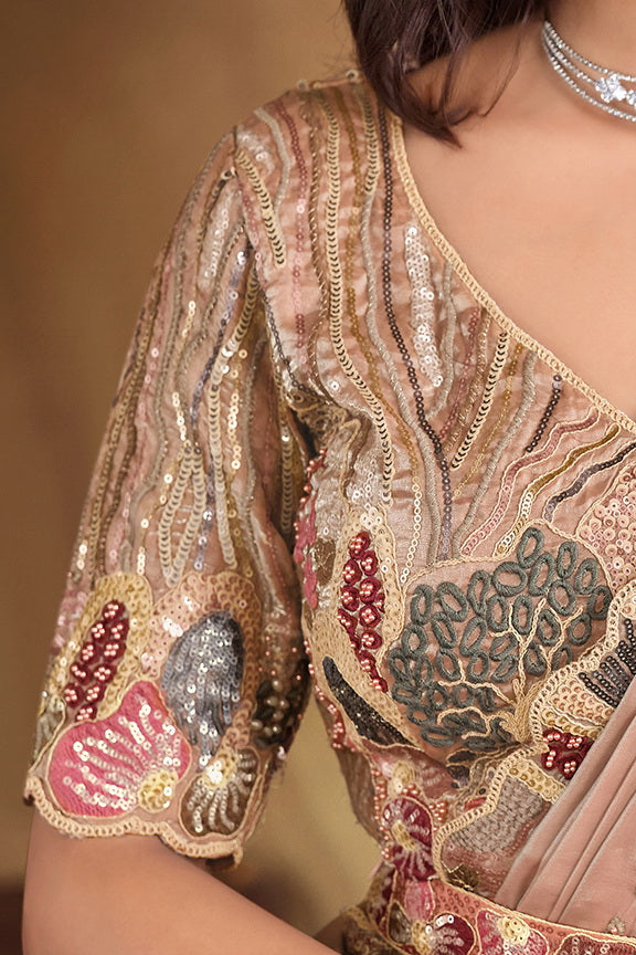 Peach Pure Hand Work Satin Silk Saree