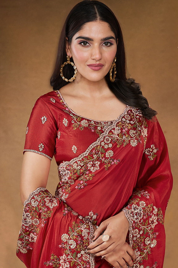Red Cord Embroidered Silk Saree