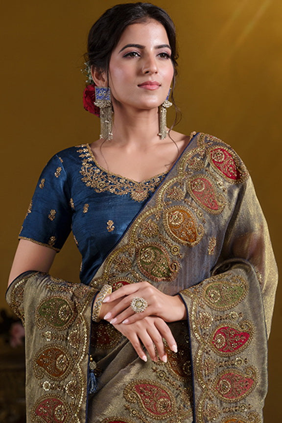 Teal Blue Pure Georgette Pure Khatli work Designer Saree With Blouse.