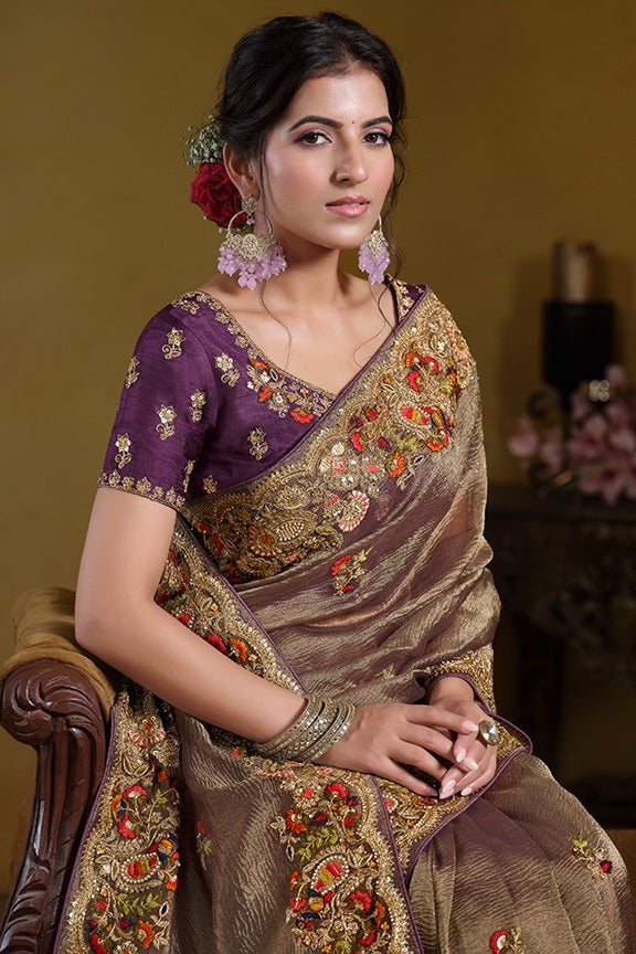 Wine Pure Banarasi Crush Pure Khatli work Designer Saree With Blouse.