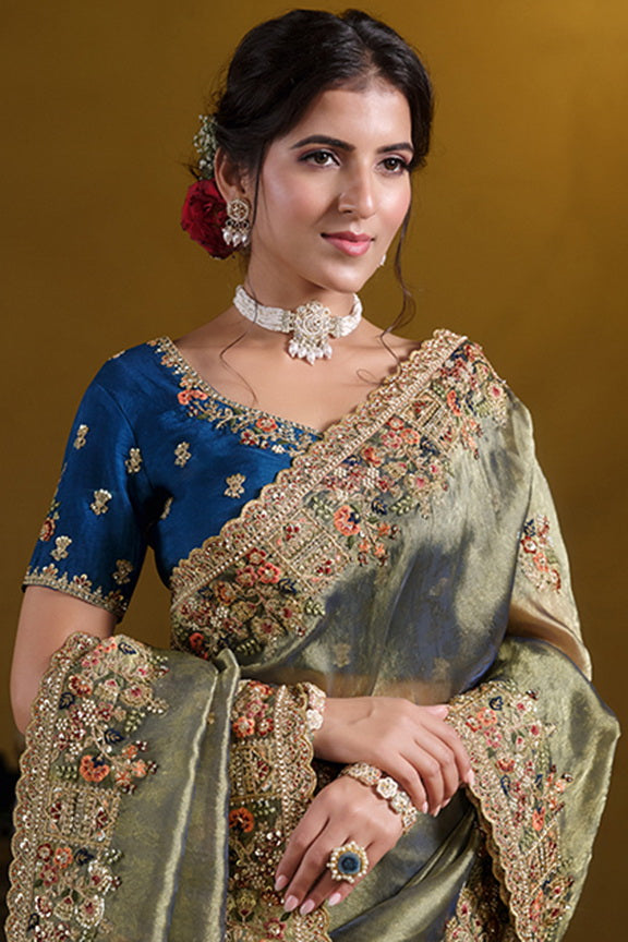 Green Pure Georgette Pure Khatli work Designer Saree With Blouse.