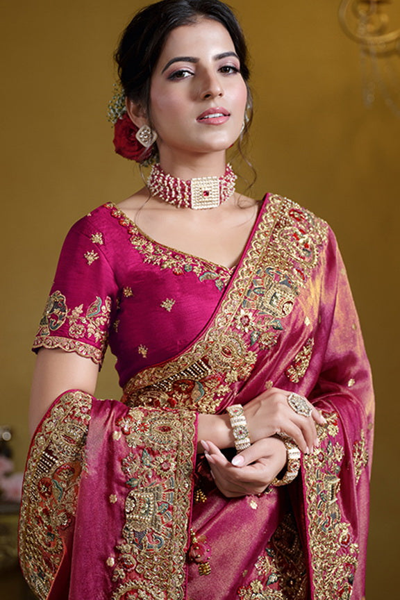 Rani Zari Organza Silk Pure Khatli work Designer Saree With Blouse.