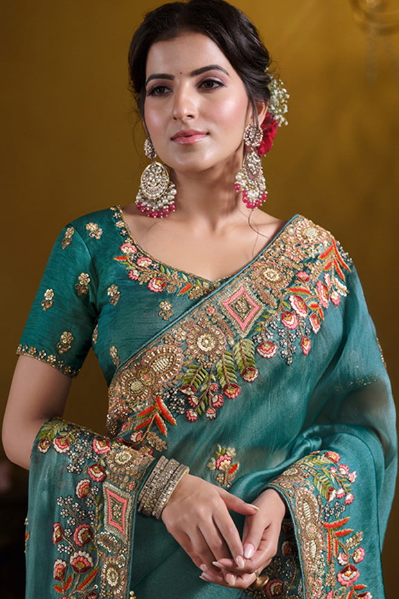 Teal Blue Pure Twill Tissue Pure Khatli work Designer Saree With Blouse.