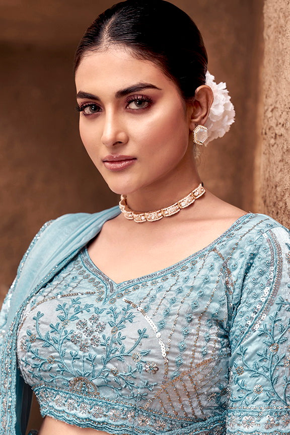 Firoji Gradient Satin Silk Artisanal Hand Embroidery Work Designer Saree with Stitched Blouse.