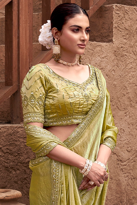 Mustard Gradient Satin Silk Artisanal Hand Embroidery Work Designer Saree with Stitched Blouse.