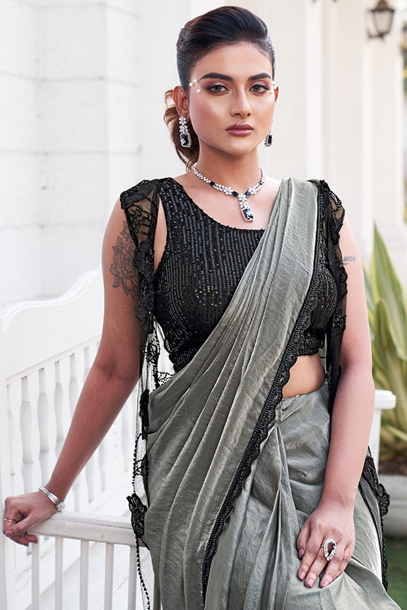 Dusty Grey Ombre Effect Satin Silk Pure Beads Handwork Ready to Wear Saree with Jacket and blouse.