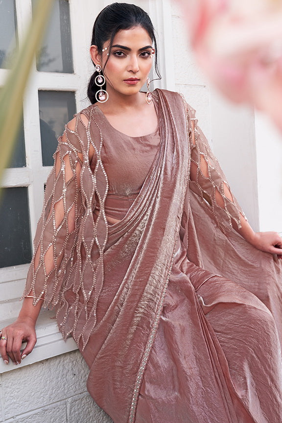 Pyaji Ombre Effect Satin Silk Pure Beads Handwork Ready to Wear Saree with Jacket and blouse.