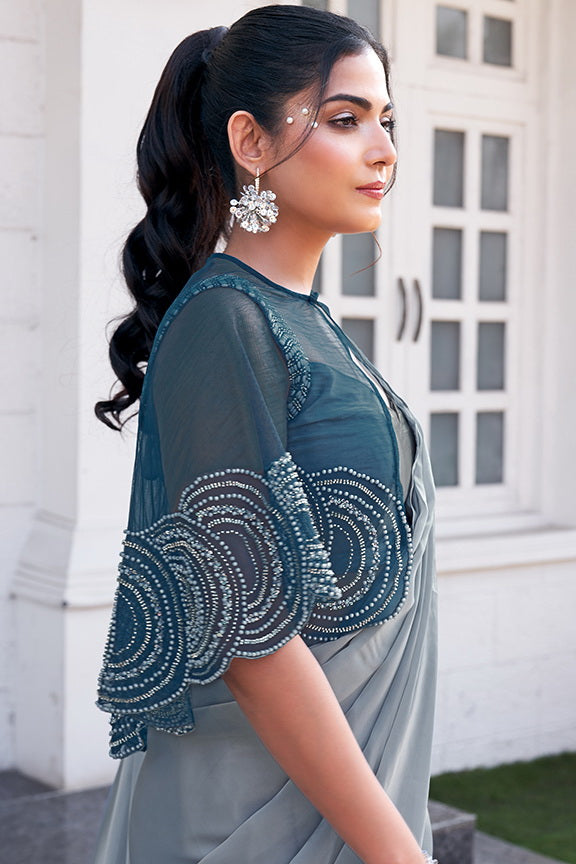 Dusty Grey Ombre Effect Satin Silk Pure Beads Handwork Ready to Wear Saree with Jacket and blouse.