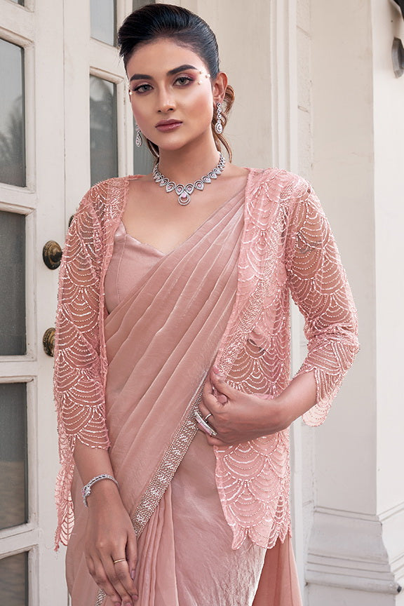 Peach Ombre Effect Satin Silk Pure Beads Handwork Ready to Wear Saree with Jacket and blouse.