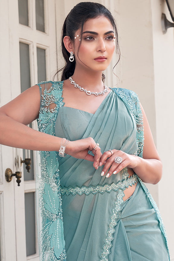Sea Green Ombre Effect Satin Silk Pure Beads Handwork Ready to Wear Saree with Jacket and blouse.