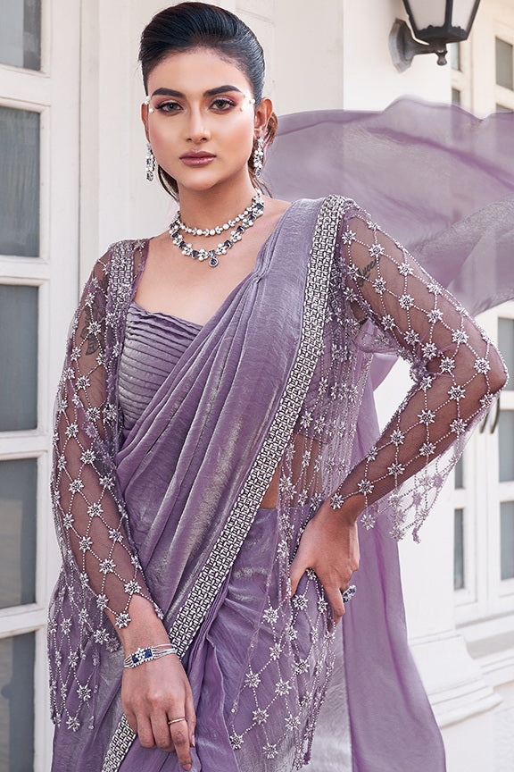 Purple Ombre Effect Satin Silk Pure Beads Handwork Ready to Wear Saree with Jacket and blouse.