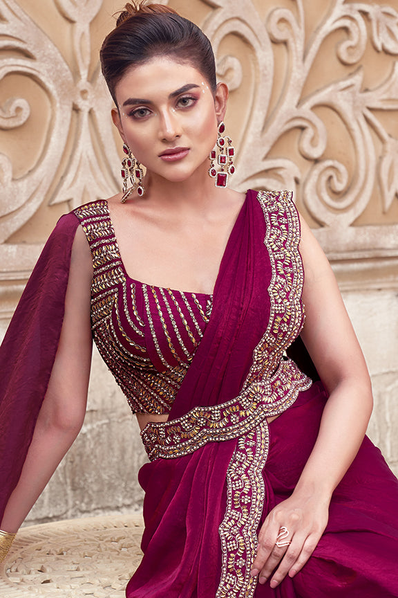 Maroon Two Tone Satin Silk Hand Work Ready to wear saree