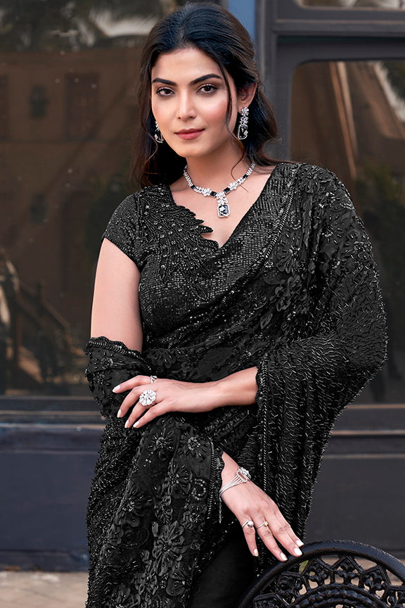 Black Armani Tulle Applique Pure Beads Designer Saree