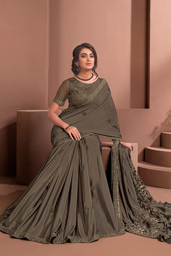 Brown Colored Crepe Embroidered Saree With Unstitched Blouse