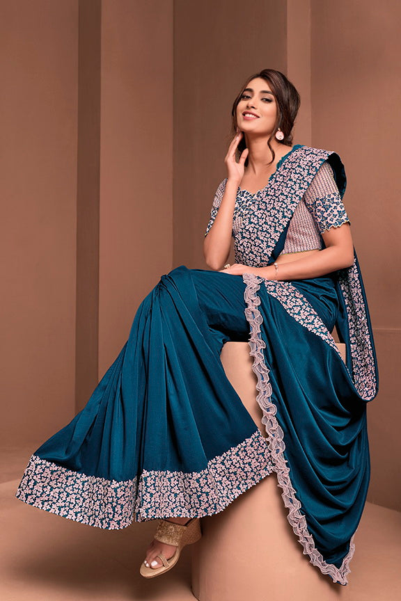 Blue Georgette Silk Embroidered Saree with Unstitched Blouse