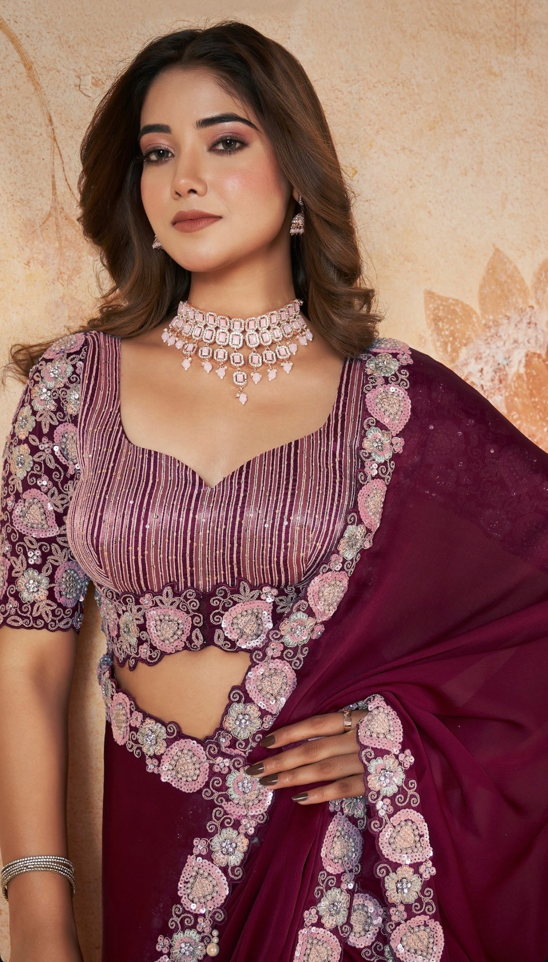 Wine Silk Embroidered Saree with Unstitched Blouse