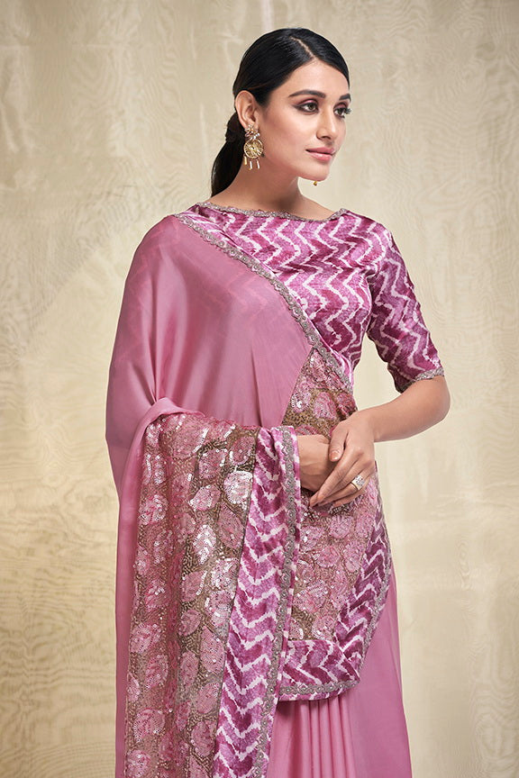 Pink Crepe Georgette Embroidered  Saree with Unstitched Blouse