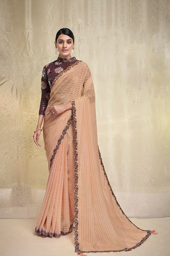 Peach Georgette Embroidered  Saree with Unstitched Blouse