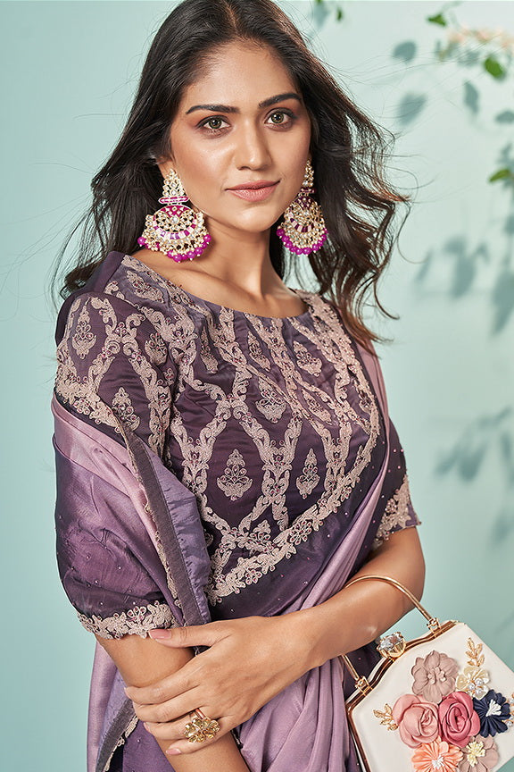 Purple Crepe Silk Embroidered Saree with Unstitched Blouse