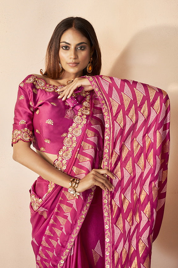 Pink Gajji Silk Sequence Work Saree with Unstitched Blouse