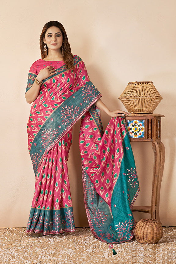 Pink Bhagalpuri Silk Thread Work Saree with Unstitched Blouse