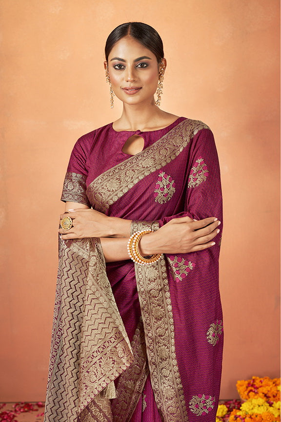 Maroon Tusser Silk Woven Design Saree with Unstitched Blouse