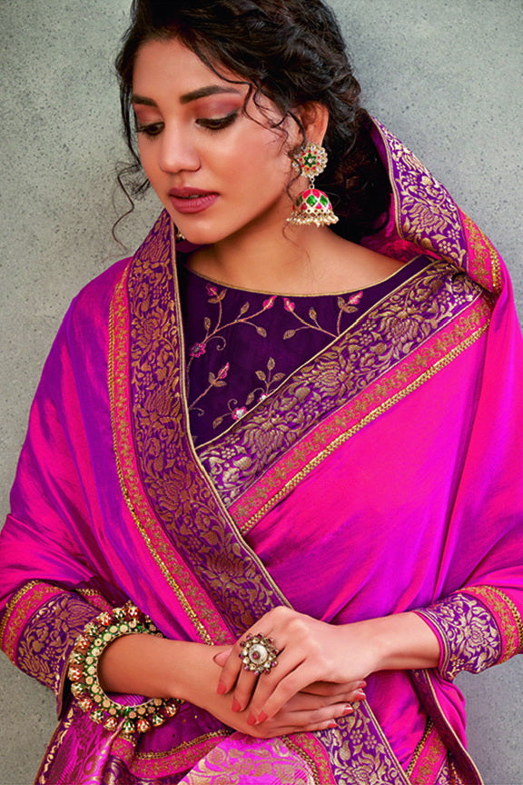 Pink Dual tone Silk Georgette Embroidered Saree with Unstitched Blouse