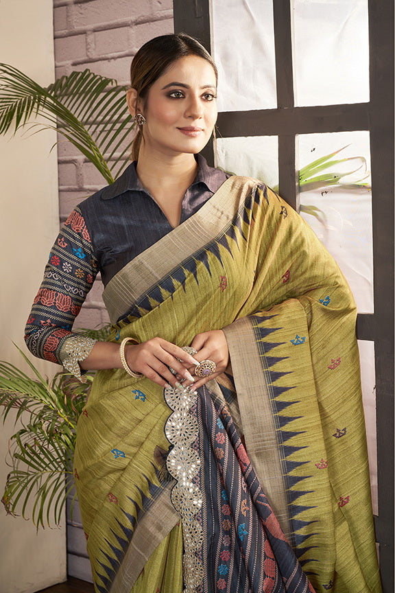 Green Bhagalpuri Silk Printed Saree with Unstitched Blouse