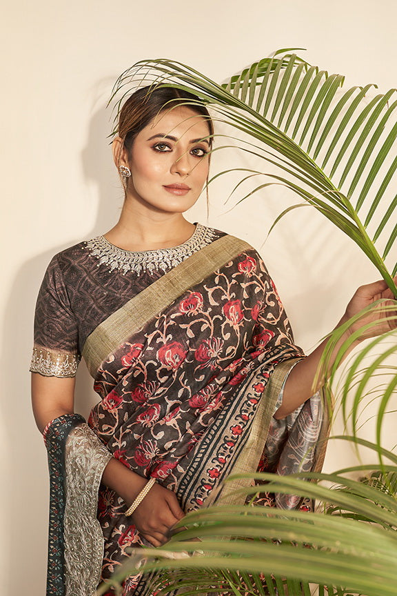 Brown Bhagalpuri Silk Floral Printed Saree with Unstitched Blouse