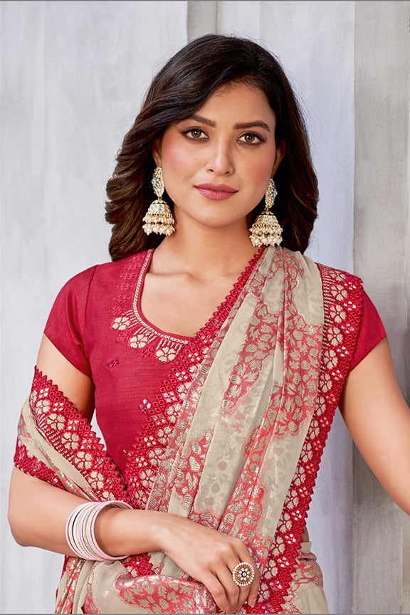 Red Georgette Zari Jacquard Woven Saree with Unstitched Blouse