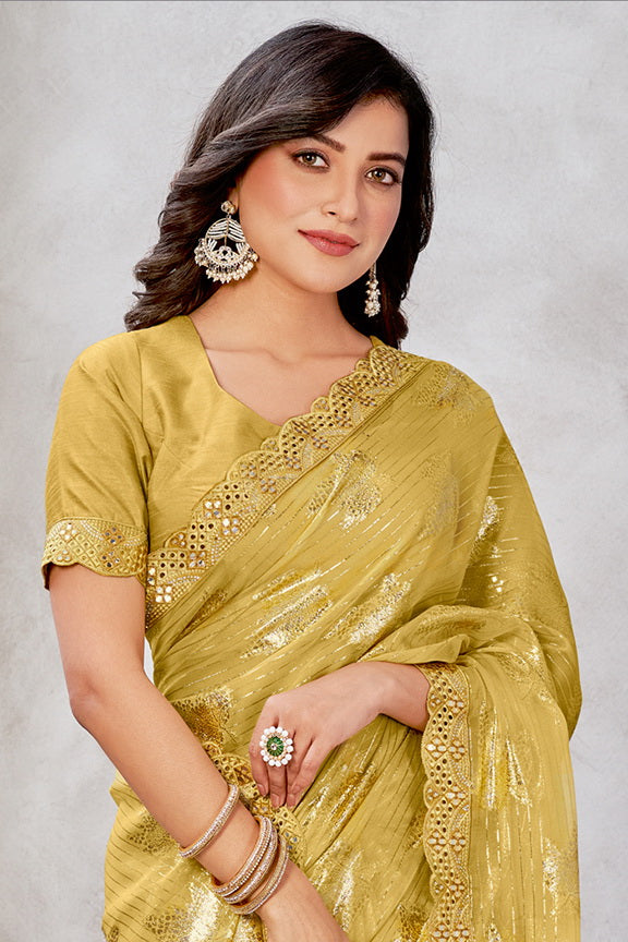 Mustard Georgette Zari Jacquard Woven Saree with Unstitched Blouse