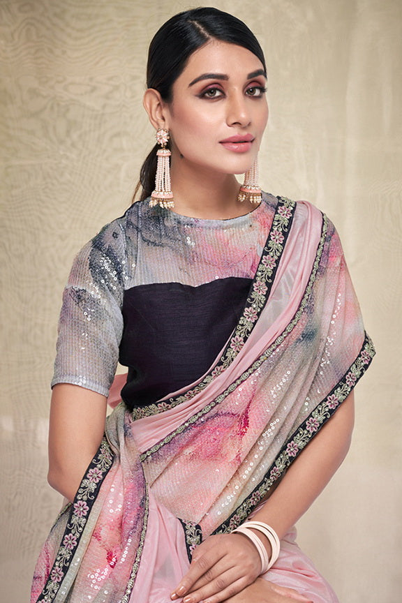 Light Pink Crepe Silk Georgette Embroidered Saree With Unstitched Blouse